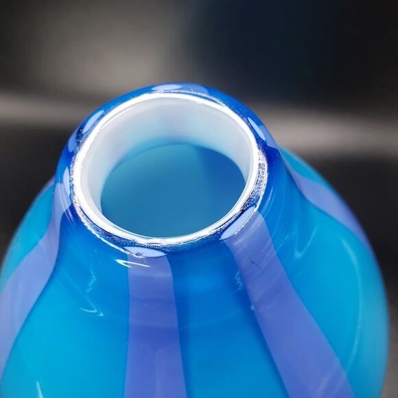 Pier One Blue with Purple Stripe Blown Art Glass Flower Vase 5" Modern - Picture 2 of 7